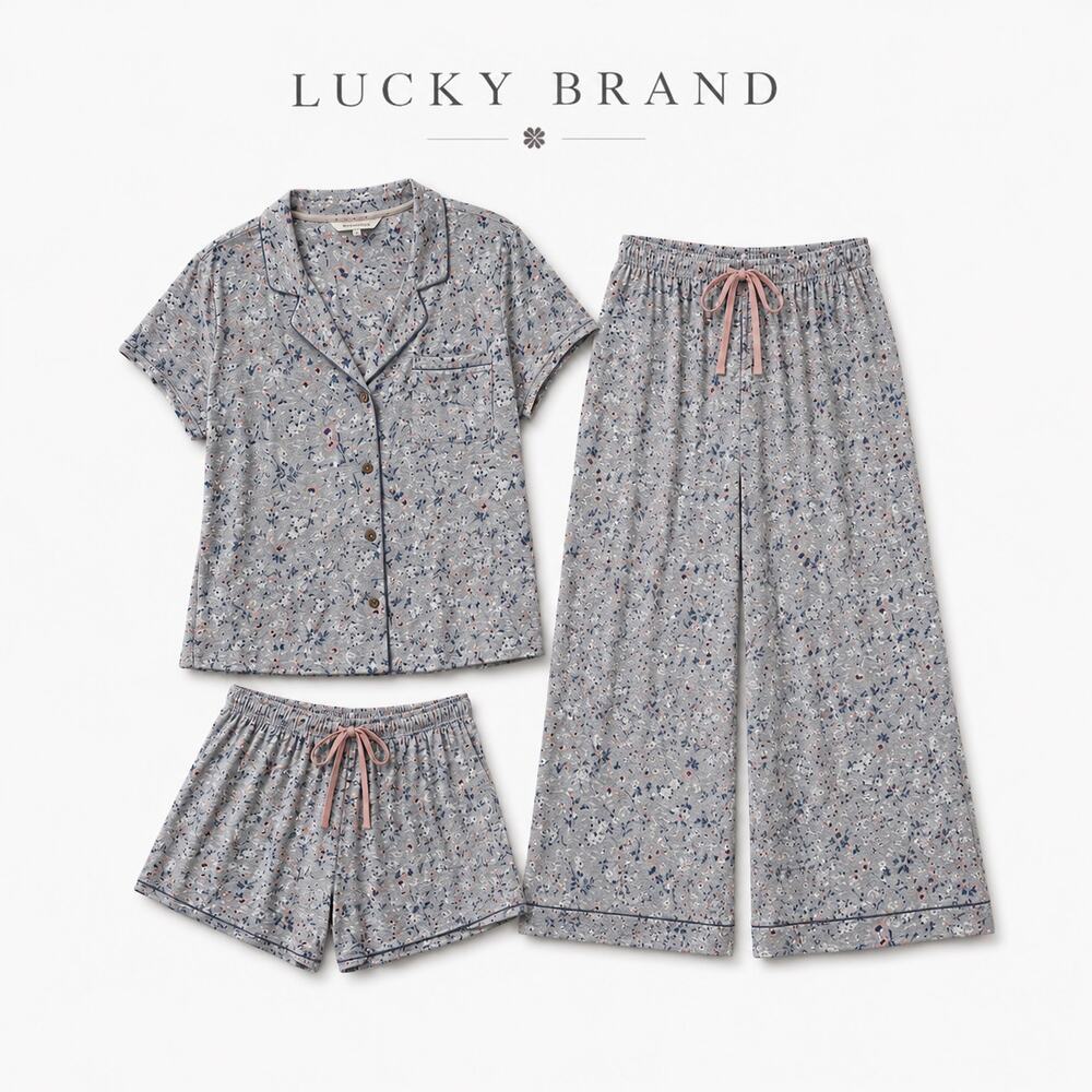Lucky Brand 3 Piece Pajama Set XL Floral Top Crop Pants Shorts Blue Gray